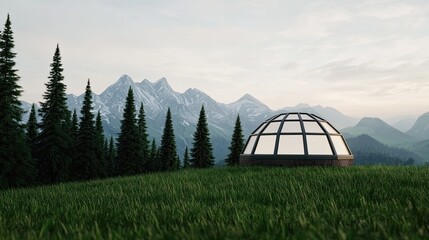 Fototapeta premium A serene landscape featuring a geodesic dome surrounded by mountains and lush greenery.