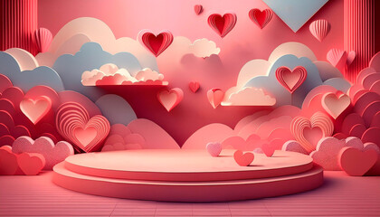 3d render valentine's day with pink podium display for product in love and heart with cylinder podium stand to show cosmetic product on background.