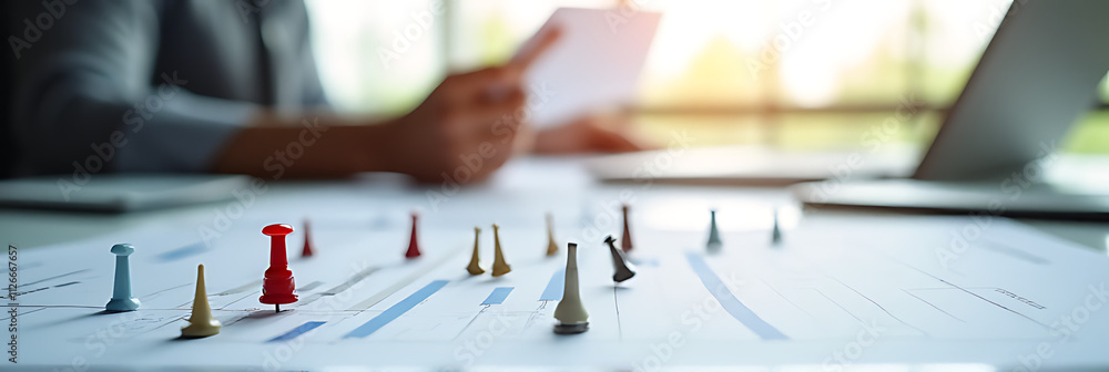 Poster setting a 2021 goal with a visual pin graph chart on our business table is crucial for achieving vis