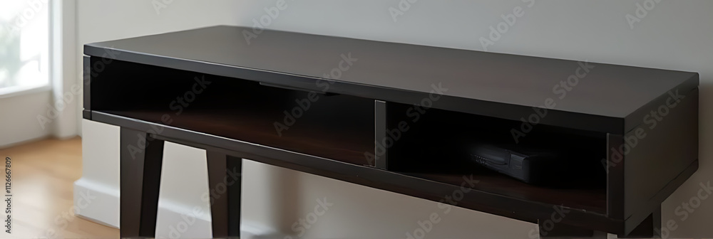 Poster simple modern black desk features a sleek design with a glossy finish on its rich dark wood tone sur