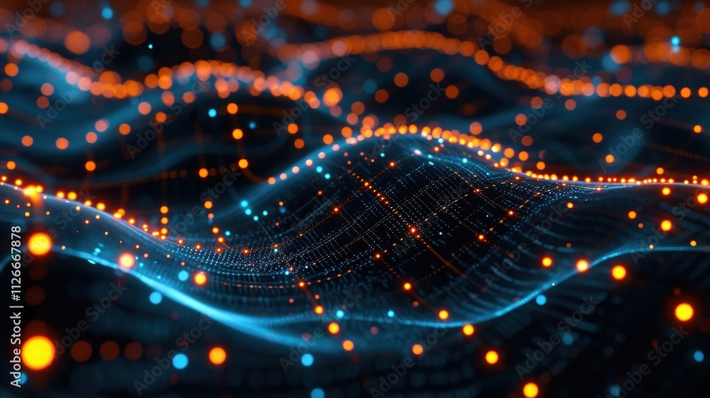 Aufkleber complex digital wave particles flowing on dark background are creating abstract cyberspace landscape