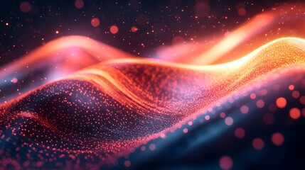 Obraz premium Macro photography of illuminated fiber optic cables&nbsp;showing neon light transmission. Pink and orange light trails create&nbsp;futuristic visualization of digital data flow and network connections.