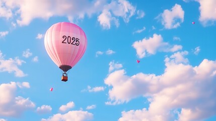 Fototapeta premium A pink hot air balloon with the number 2025 floats in a blue sky filled with clouds.