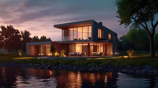 3d rendering of modern cozy clinker house on the ponds with garage and pool for sale or rent with beautiful landscaping on background. Clear summer night with many stars on the sky, 4k Animation video