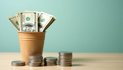 Stacked dollars in a bucket represent the importance of saving money through selective focus on financial planning._00002_
