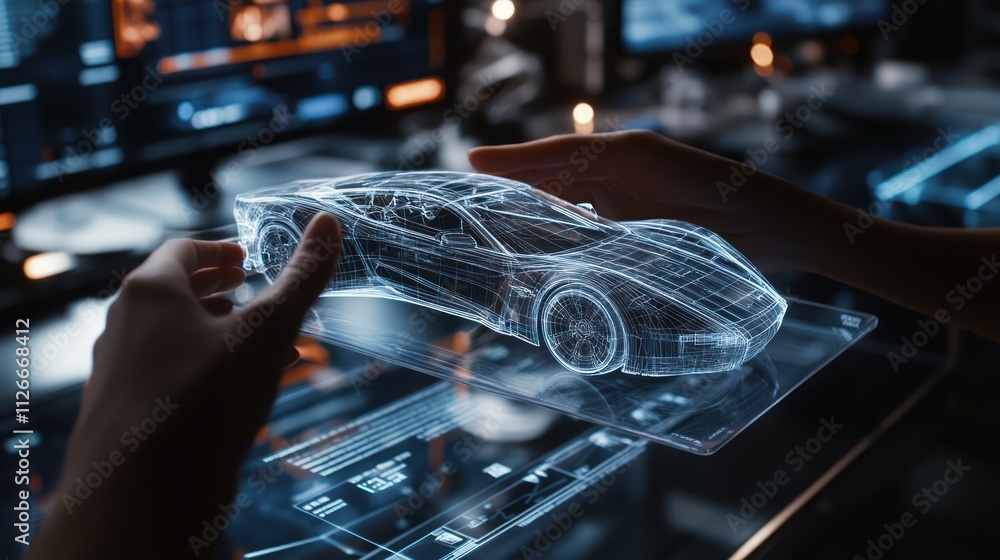 Poster holographic car model being manipulated in a tech setting