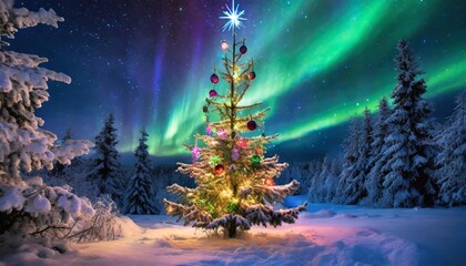 Enchanting Christmas Tree Decoration in a Winter Forest Under the Dazzling Northern Lights A Magical Holiday Scene Captured in