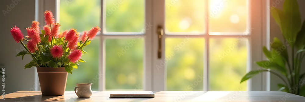 Poster tabletop features a blurred window with vibrant flowers in the morning light, ideal for product disp