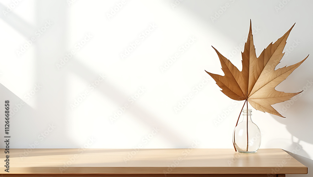 Poster Tabletop wood surface placed against a white wall featuring a natural tree leaf pattern for design and product presentation visuals._00002_
