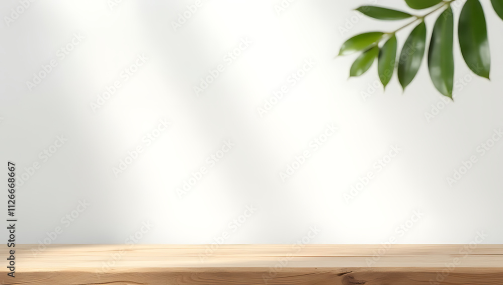 Poster tabletop wood surface placed against a white wall featuring a natural tree leaf pattern for design a