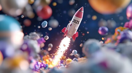 A rocket launching into space surrounded by colorful celestial objects and particles.