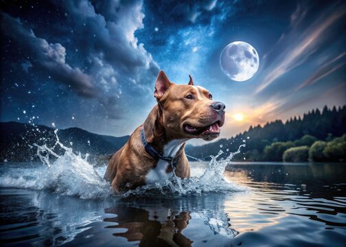 Night Lake Pit Bull Swimming Fun: Dog Photography, Pitbull Water Play, Canine Night Swim, Dark Water Dog