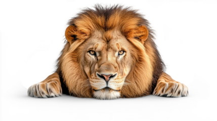 Lion resting with fierce gaze, transparent background