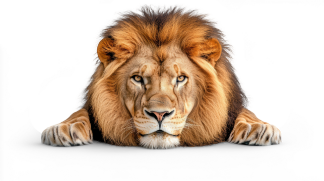 Lion resting with fierce gaze, transparent background