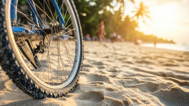 A close-up of a bicycle wheel resting on sandy beach with palm trees in the background. - Powered by Adobe