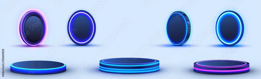 Aufkleber digital portals on circles with holograms and light effects. 3d futuristic platforms with neon beams