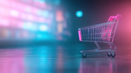 A shopping cart stands alone against a colorful, blurred background, symbolizing consumerism.