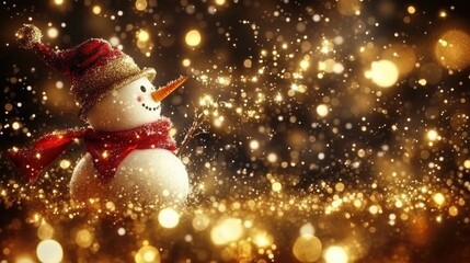 Fototapeta premium A cheerful snowman wearing a hat and scarf stands against a sparkling, festive background filled with golden lights and falling snowflakes.