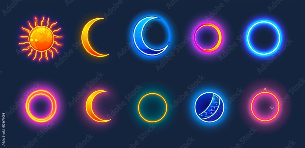 Canvas Prints a realistic set of solar eclipse overlay effects on a transparent background. illustration of neon b