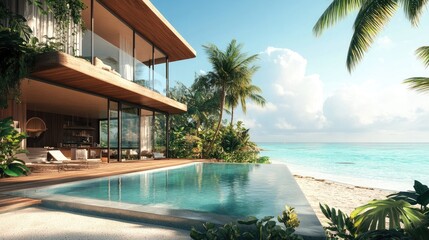 Obraz premium Modern beachfront house with infinity pool, tropical vegetation, and ocean view.