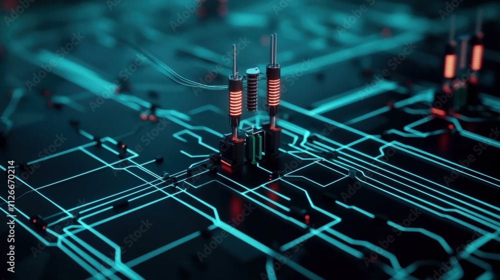 Poster Abstract Representation of Futuristic Circuit Board with Neon Lights, Focused on Modern Technology Components and Data Connections in a Digital Environment