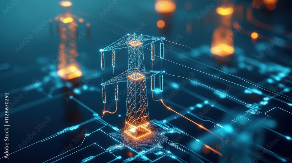 Poster Futuristic Electric Power Infrastructure with Digital Elements Representing Power Lines and Transmission Grids in a High-Tech Environment