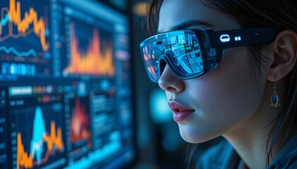 Woman wearing futuristic glasses looking at computer screen with data visualizations., Generative Ai