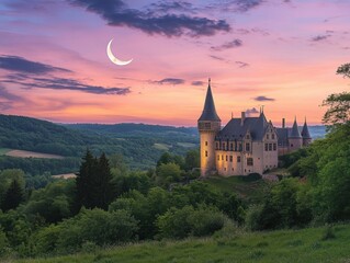 Fototapeta premium beautiful castle at sunset with moon in the sky
