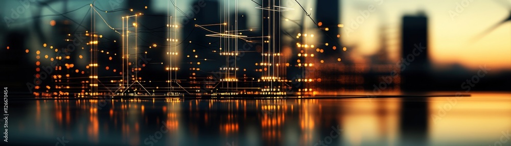 Poster abstract digital cityscape with glowing lights and geometric lines at sunset, representing technolog