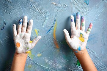 Niños pintando en las paredes con pintura de colores, se pintan las manos y se lo pasan bien