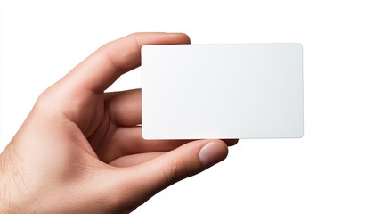 Obraz premium Hand holding blank white card. Mockup for business card, credit card, or gift card.