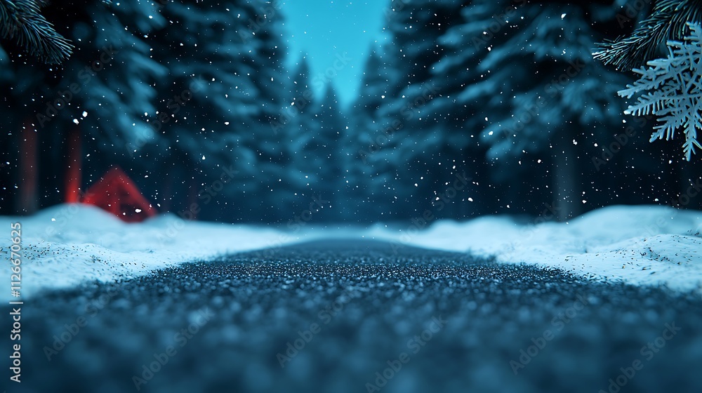 Poster mystical scene of a hidden winter forest with soft snowfall creating a serene atmosphere and invitin