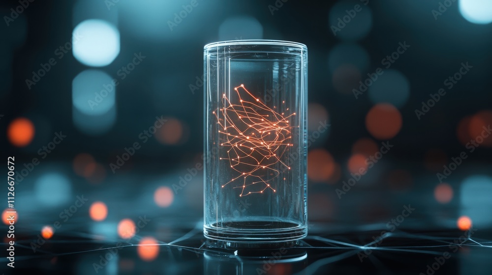 Poster Abstract representation of futuristic technology inside a glass cylinder with glowing lines and dots, showcasing innovation and digital connections in a modern environment