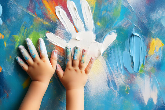 Ni&ntilde;os pintando en las paredes con pintura de colores, se pintan las manos y se lo pasan bien