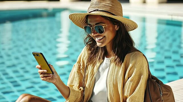 Tourist Evaluating Travel Accessory by Poolside