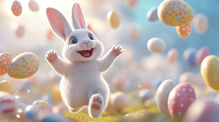 A cartoon rabbit is running through a field of Easter eggs