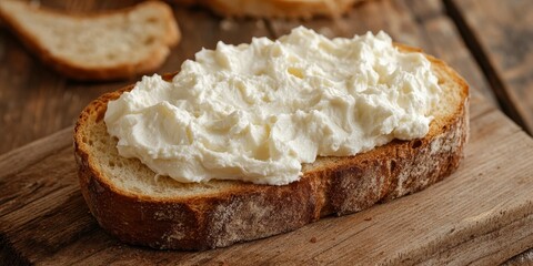 Slice of bread topped with creamy cream cheese, showcasing a delicious blend of flavors. This slice of bread with cream cheese is perfect for a tasty snack or breakfast treat.