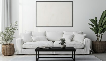 Modern Minimalist Living Room Interior Design with White Sofa and Plants