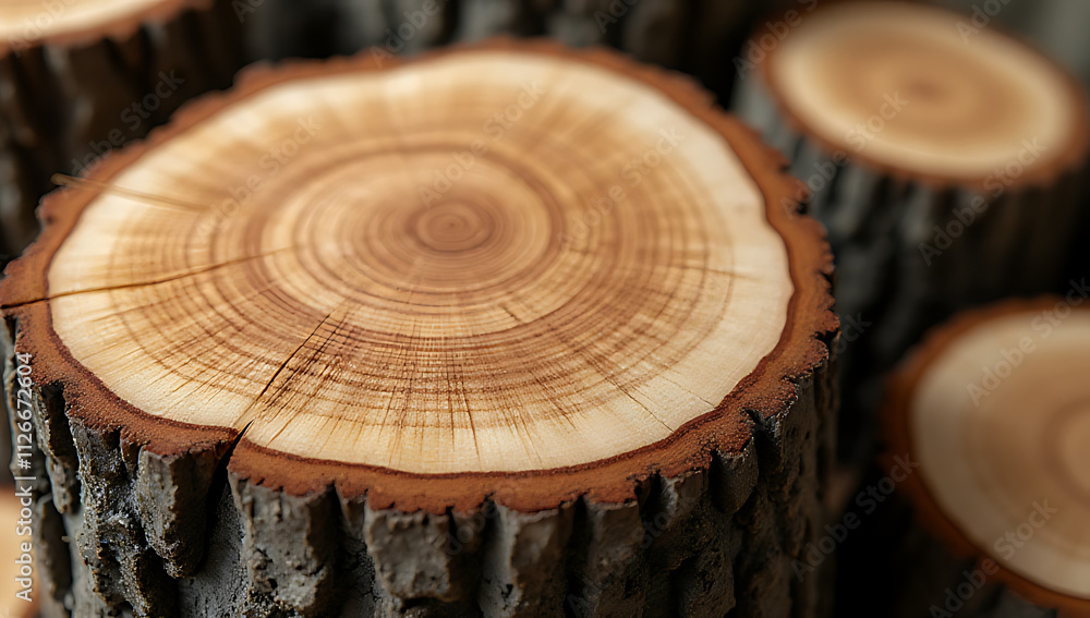 Poster wood tree stumps with beautiful textures are used as a natural and rustic concept for packaging desi