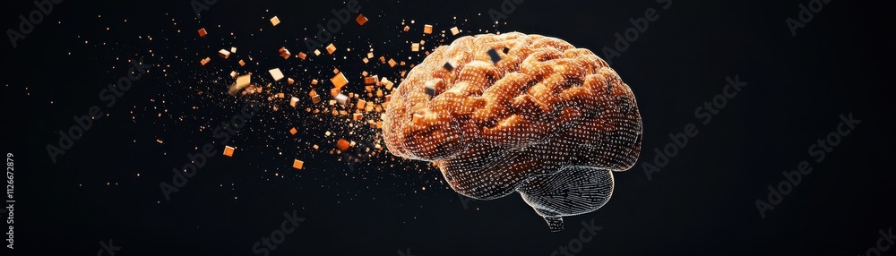 Poster a visually striking depiction of a brain, appearing to disintegrate or explode, symbolizing creativi