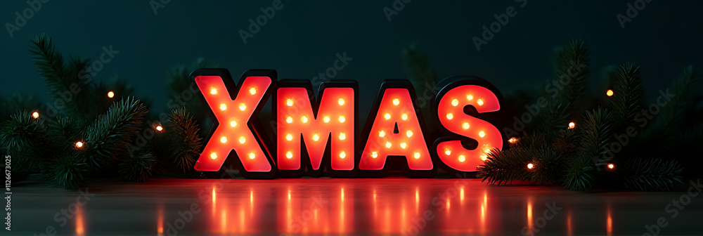 Poster xmas lightbox text and pine tree on dark background add to merry christmas and celebration concepts 