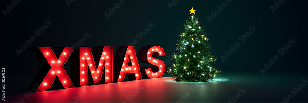 Aufkleber xmas lightbox text and pine tree on dark background add to merry christmas and celebration concepts 