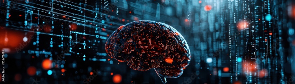 Poster a digital representation of a brain surrounded by data streams, symbolizing artificial intelligence 