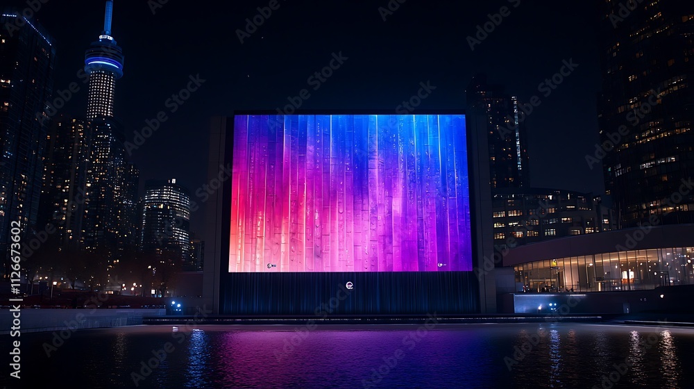 Poster Massive Illuminated Billboard Displaying Colorful Patterns at Nighttime in Urban Setting with Skyscrapers and Reflections on Water Surface