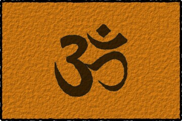 Om symbol on a rough orange background. Symbol of Buddhism and Hinduism religions.