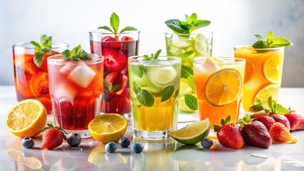 Fototapeta premium Refreshing Summer Drinks: Iced Beverages in Glasses, White Background Photography
