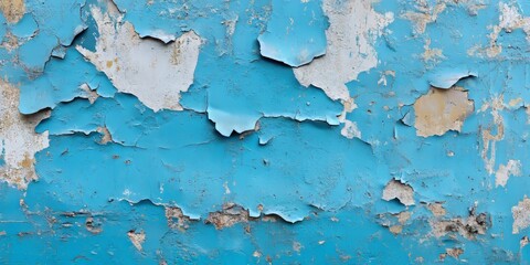 Obraz premium Blue damaged concrete wall featuring peeling paint, showcasing the texture and visual impact of a blue concrete wall. The blue tones create a striking background with a distressed appearance.