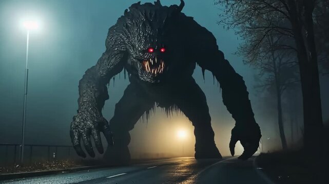 Monster looms stand ominously on empty deserted road, thick fog. Eerie streetlights, terrifying figure. Red eyes, sharp teeth. Scary darkness dread. Horror fantasy creepy creature. Spooky beast.