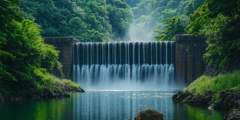 Summer landscape featuring an old dam and a beautiful waterfall, showcasing the serene beauty of nature with its cascading water and the rich greenery surrounding the old dam and waterfall.