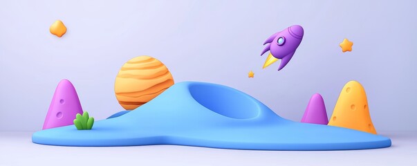 Naklejka premium Space background with planet, stars, and meteor. Alien planet or moon landscape with craters and comets flying in the night sky, modern cartoon illustration.